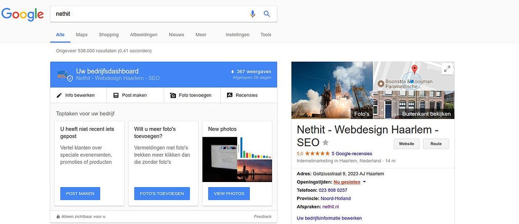 Voorbeeld van het verkleinde Google Mijn Bedrijf Dashboard