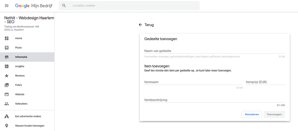 Google Mijn Bedrijf Services item toevoegen