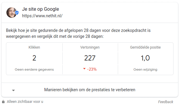 Google Search Console Statistieken zichtbaar in de Google zoekresultaten