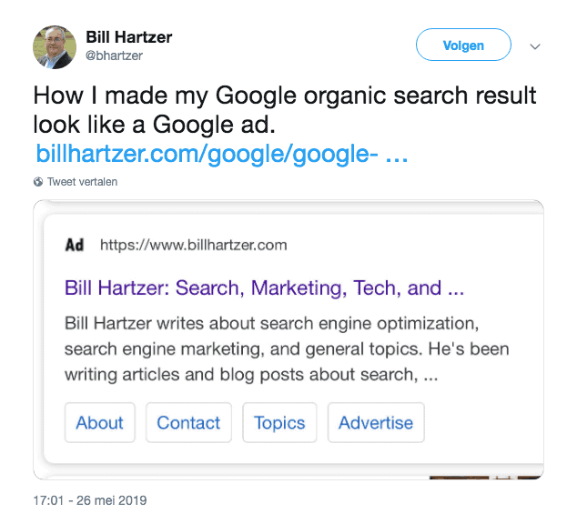 Tweet van SEO-specialist Bill Hartzer over zijn experiment met 'Ad' als favicon.