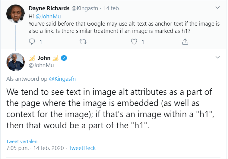 John Mueller van Google bevestigt dat de alt-tekst van een afbeelding in een H1 kop meetelt als tekst.