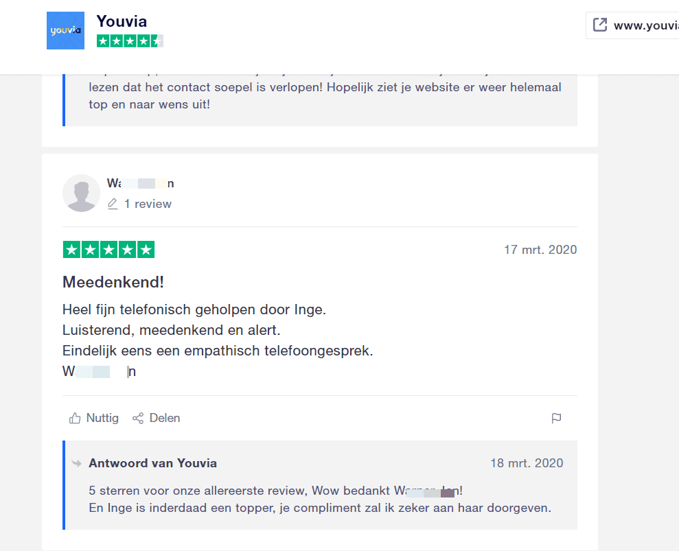 Deze eerste review voor Youcia op Trustpilot verscheen op 17 maart 2020.